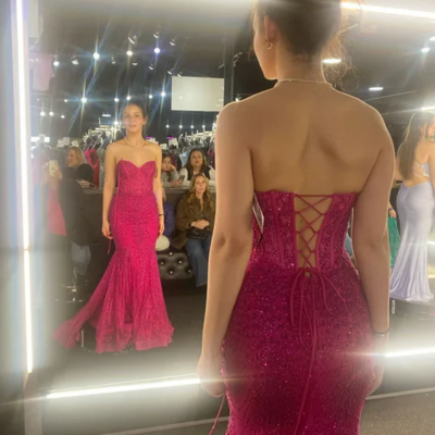 Hot pink mermaid long evening dress with lace