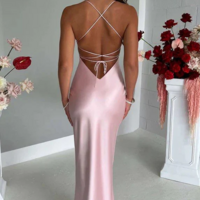 Straps Pink Bodycon Long Backless Prom Dress - Thumbnail 1