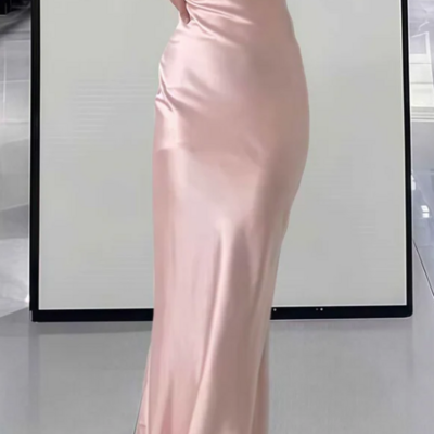 Straps pink bodycon long backless prom dress