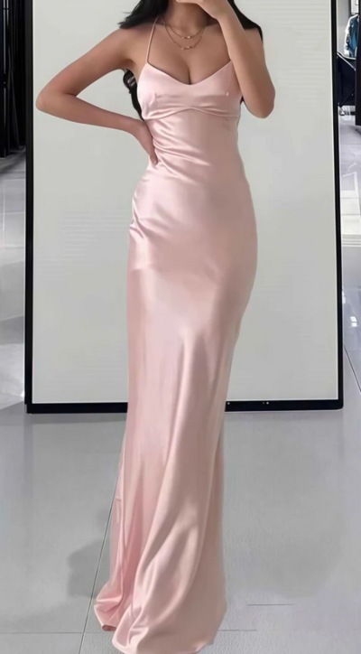 Straps Pink Bodycon Long Backless Prom Dress