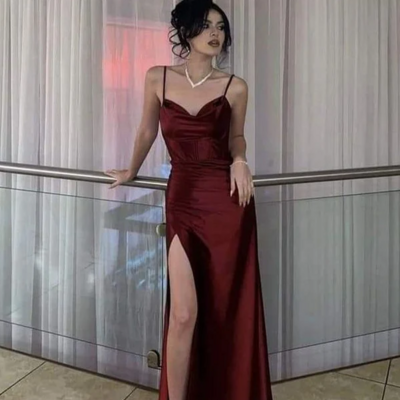 Sheath spaghetti straps burgundy satin long prom dress - Thumbnail 1