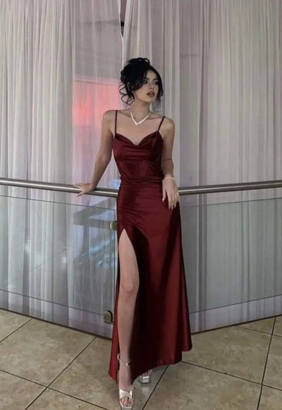 Sheath Spaghetti Straps Burgundy Satin Long Prom Dress
