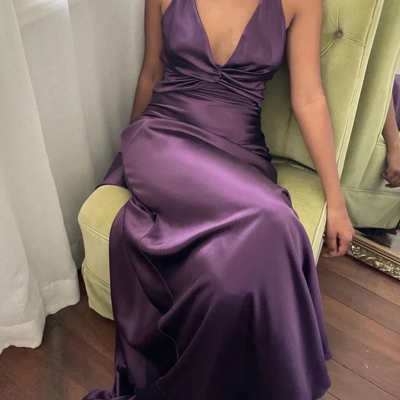Simple a-line v neckline grape satin prom dresses  - Thumbnail 2