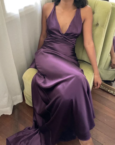 Simple A-Line V Neckline Grape Satin Prom Dresses 