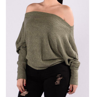Round Neck Long Sleeved Off Shoulder Knitted Striped Sweater