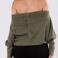 Round Neck Long Sleeved Off Shoulder Knitted Striped Sweater - Thumbnail 1