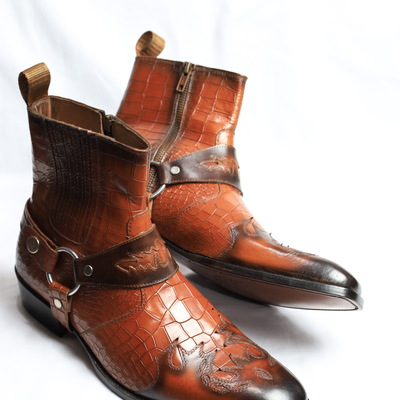 Crafted leather handmade men brown crocodile leather alligator strap jodhpur boot
