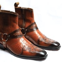Crafted Leather Handmade Men Brown Crocodile Leather Alligator Strap Jodhpur Boot - Thumbnail 3