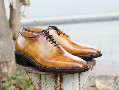 Crafted Leather Handmade Classic Tan Shaded Patina Lace up Dress Shoes