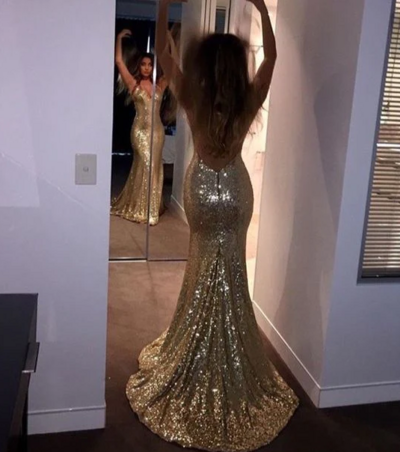 Sexy Gold Sequins Open Back Prom Dresses with Sweep Train