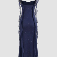 Simple Cowl Neck Sequin Ruffle Navy Blue Evening Dress - Thumbnail 3