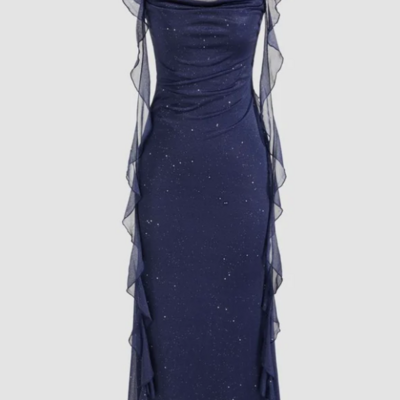 Simple cowl neck sequin ruffle navy blue evening dress