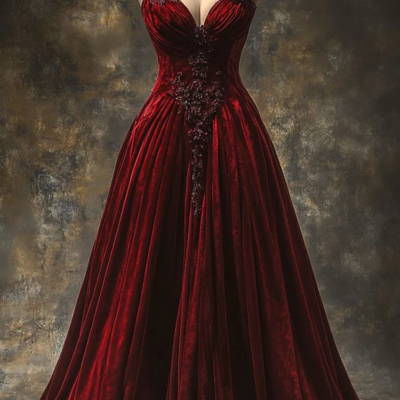 Vintage a line velvet burgundy prom dresses with beading