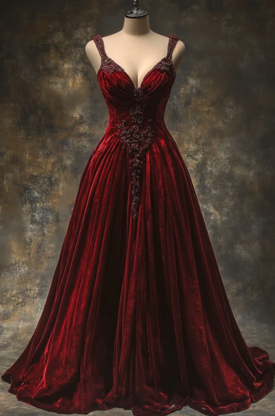 Vintage A Line Velvet Burgundy Prom Dresses With Beading