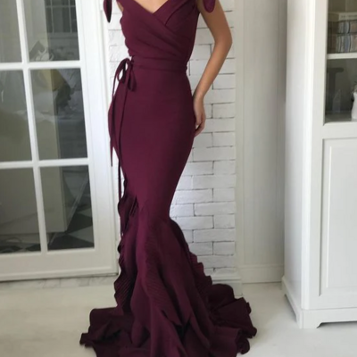 Off shoulder wine red v neck stain prom dress