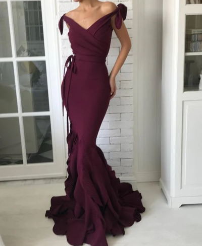 Off Shoulder Wine Red V Neck Stain Prom Dress