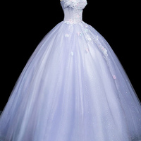 Light Purple Tulle Lace Long Prom Dress, A-Line Strapless Party Dress - Thumbnail 1