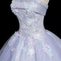 Light Purple Tulle Lace Long Prom Dress, A-Line Strapless Party Dress - Thumbnail 2