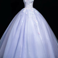 Light Purple Tulle Lace Long Prom Dress, A-Line Strapless Party Dress - Thumbnail 4