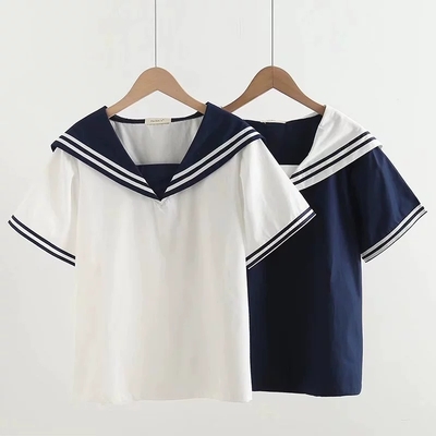 College style sweet navy collar striped short sleeve blouses