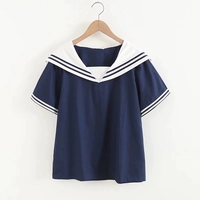 College style sweet navy collar striped short sleeve blouses - Thumbnail 1