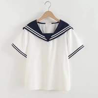 College style sweet navy collar striped short sleeve blouses - Thumbnail 3