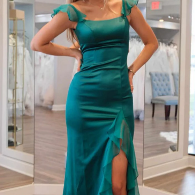 Beautiful green straps ruffle mermaid long prom dress - Thumbnail 1