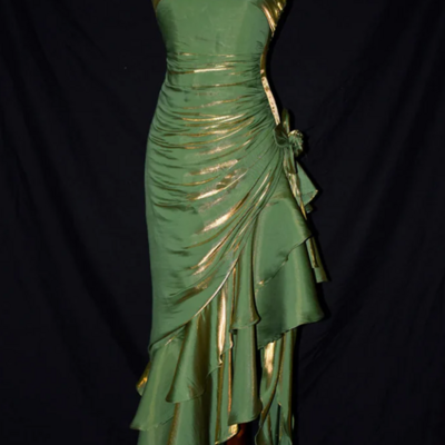 Spaghetti straps ruffle vintage green party dress - Thumbnail 1