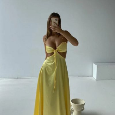Sexy yellow strapless satin simple a-line long prom dress - Thumbnail 1