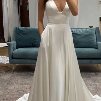 Simple elegant v neck a-line long satin wedding dress