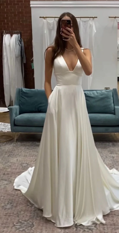 Simple Elegant V Neck A-Line Long Satin Wedding Dress