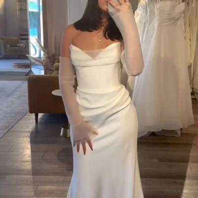 Mermaid white v neck strapless long prom dress wedding dress