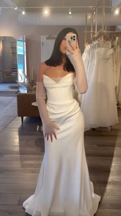 Mermaid White V Neck Strapless Long Prom Dress Wedding Dress