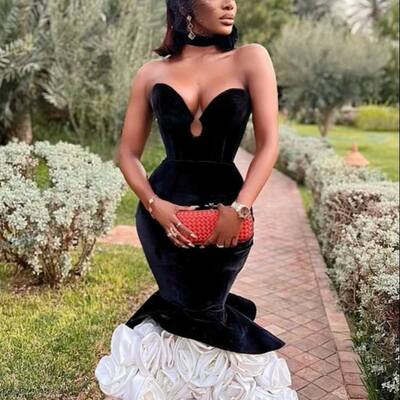 Black and white mermaid prom dresses handmade flowers evening gowns formal party gowns