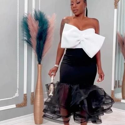 Black and white mermaid tea-length prom dress evening formal gown satin party birthday dress - Thumbnail 3