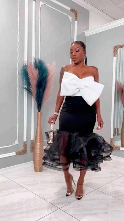 Black and White Mermaid Tea-length Prom Dress Evening Formal Gown Satin Party Birthday Dress