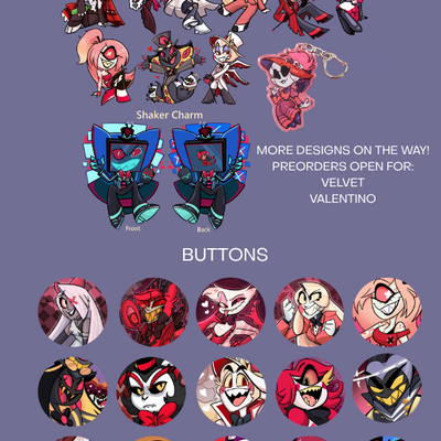 Hazbin hotel buttons & charms bundle: preorders open for velvet and val charms!