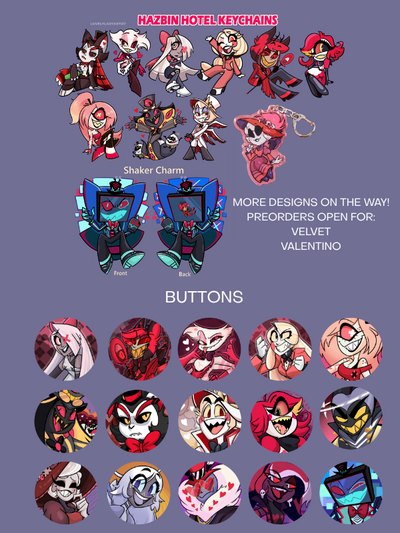 Hazbin Hotel Buttons & Charms Bundle: Preorders open for Velvet and Val charms!