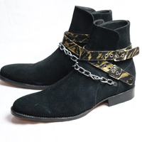 Crafted Leather Classic Black Suede Leather Ankle High Chain Buckle Boot - Thumbnail 1