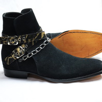 Crafted Leather Classic Black Suede Leather Ankle High Chain Buckle Boot - Thumbnail 2
