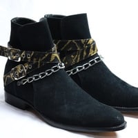 Crafted Leather Classic Black Suede Leather Ankle High Chain Buckle Boot - Thumbnail 3