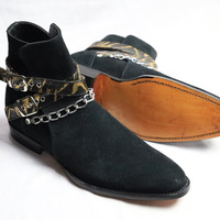 Crafted Leather Classic Black Suede Leather Ankle High Chain Buckle Boot - Thumbnail 5