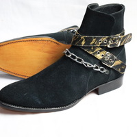 Crafted Leather Classic Black Suede Leather Ankle High Chain Buckle Boot - Thumbnail 8