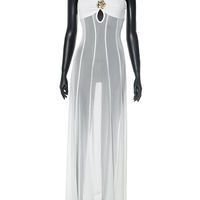 Adjustable straps long dress with floral metal detail on chest - Thumbnail 4