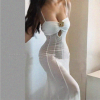 Adjustable straps long dress with floral metal detail on chest - Thumbnail 6