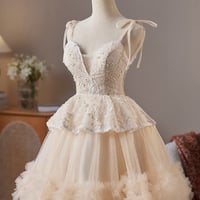Champagne Tulle Lace Short Prom Dress, A-Line Homecoming Party Dress - Thumbnail 2