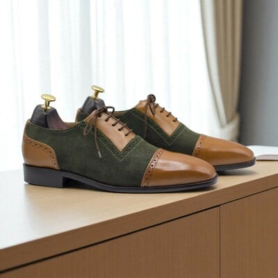 Men's handmade two tone cap toe leather suede lace up shoes
