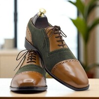 Men's Handmade Two Tone Cap Toe Leather Suede Lace Up Shoes - Thumbnail 1