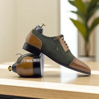 Men's Handmade Two Tone Cap Toe Leather Suede Lace Up Shoes - Thumbnail 2