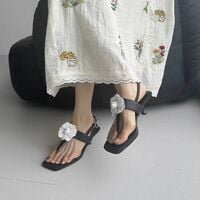  Black Handmade Flower Flip-Toe Stiletto Leather Sandals - Thumbnail 1